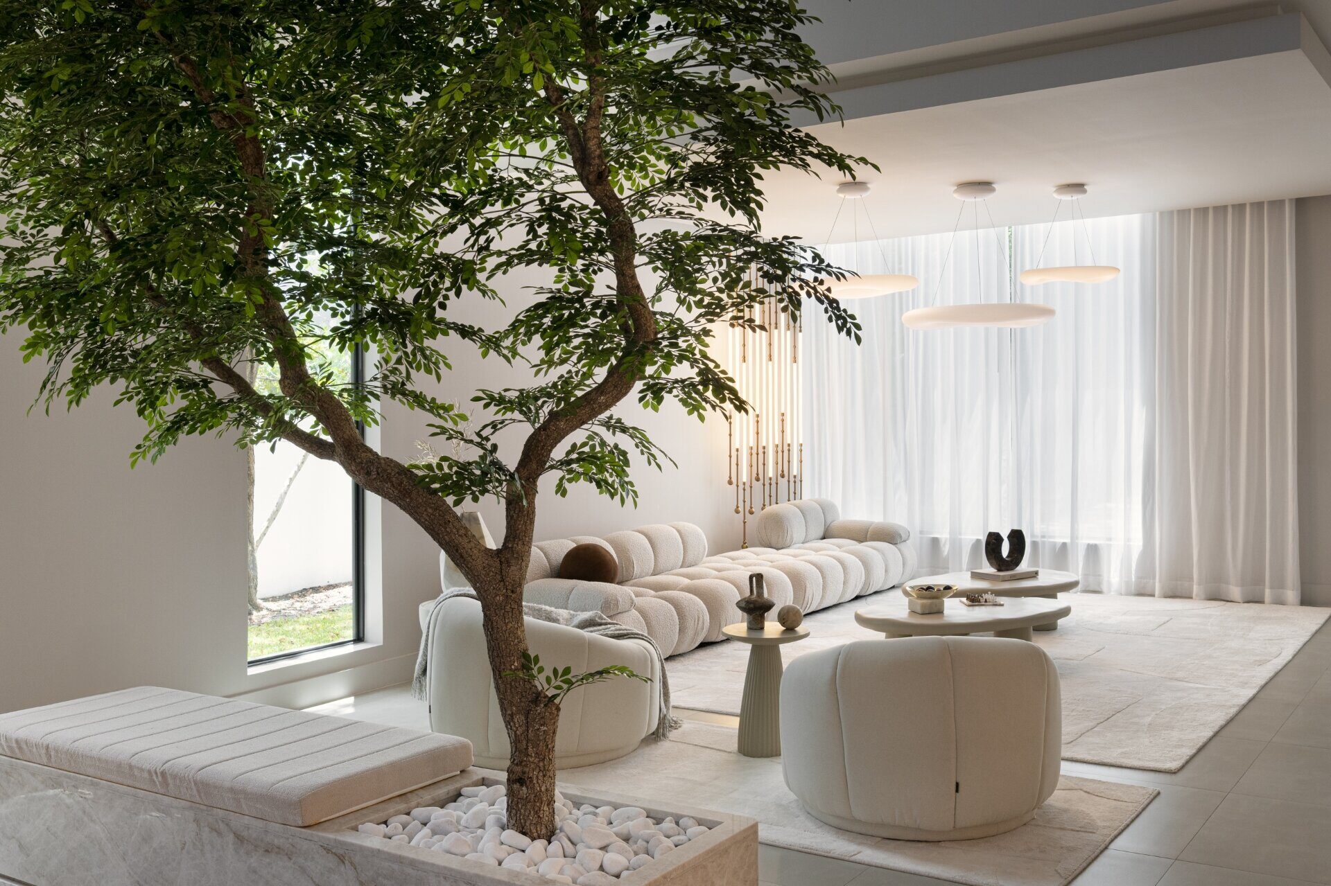 Medley living room with the indoor tree