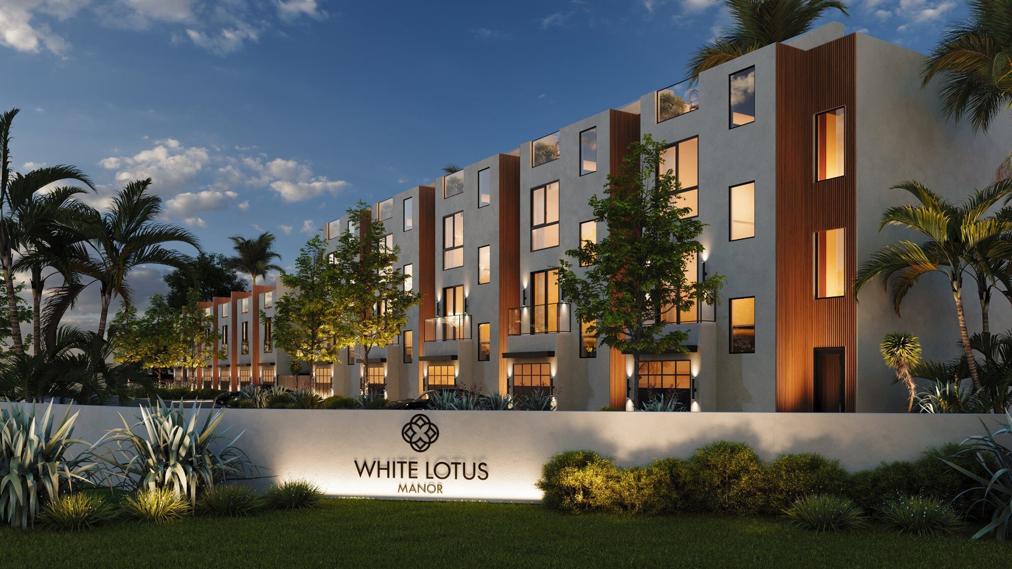 White Lotus townhomes exterior at dusk, visualization